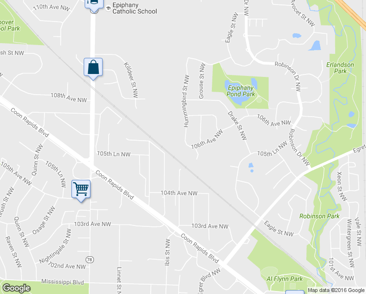map of restaurants, bars, coffee shops, grocery stores, and more near 10620 Hummingbird Street Northwest in Coon Rapids