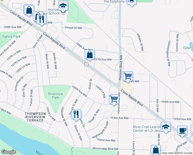 map of restaurants, bars, coffee shops, grocery stores, and more near 2110 Coon Rapids Boulevard NorthWest in Coon Rapids