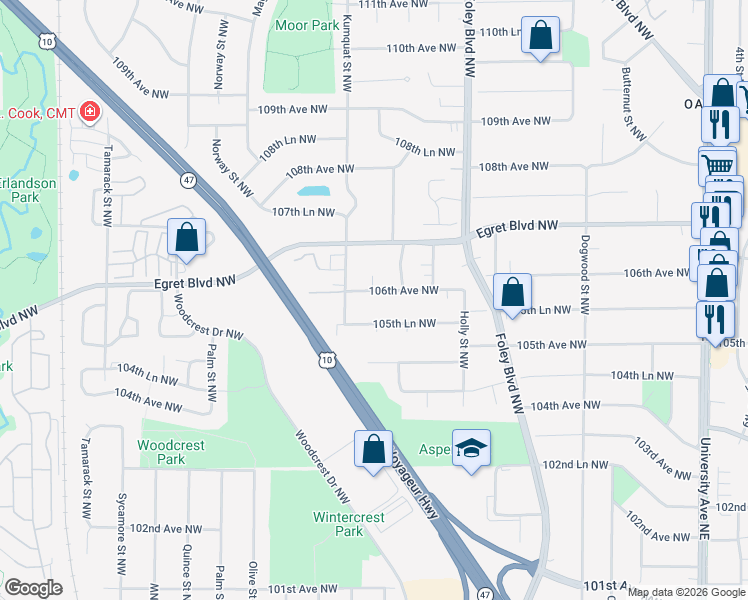 map of restaurants, bars, coffee shops, grocery stores, and more near 524 106th Avenue Northwest in Minneapolis