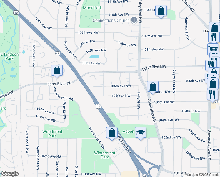 map of restaurants, bars, coffee shops, grocery stores, and more near 532 106th Avenue Northwest in Coon Rapids