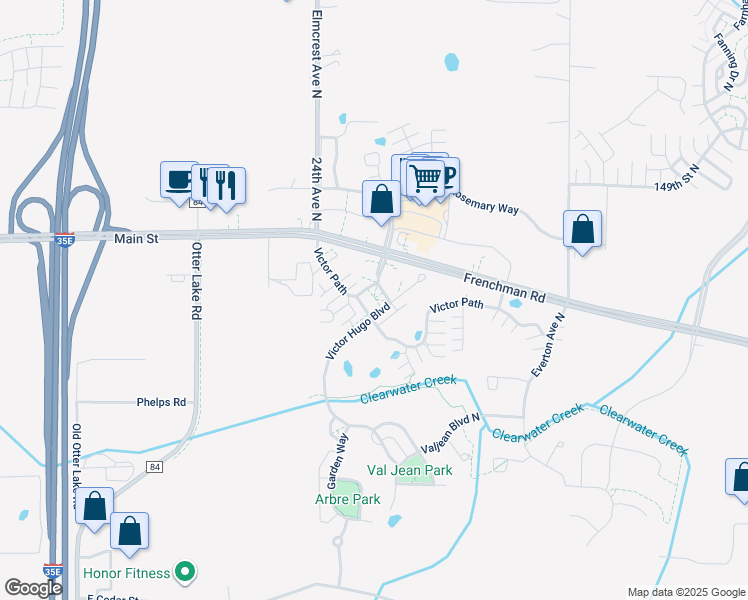 map of restaurants, bars, coffee shops, grocery stores, and more near 14650 Victor Hugo Boulevard in Hugo