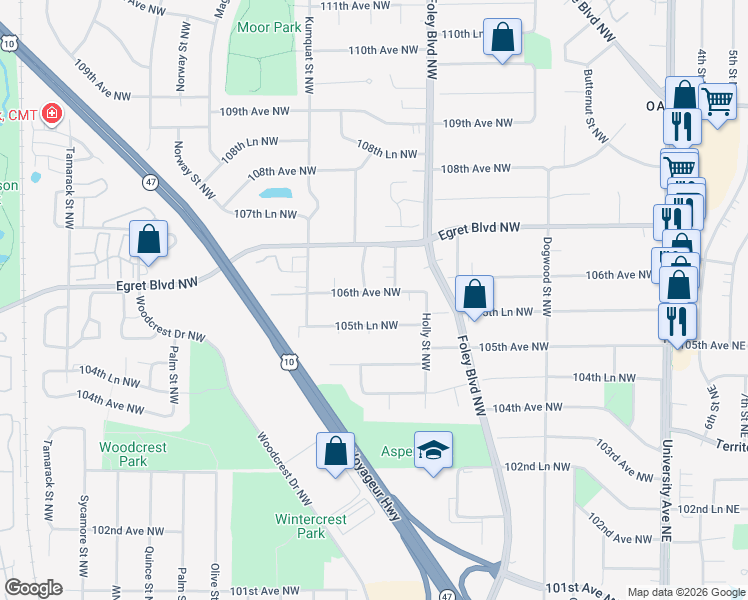 map of restaurants, bars, coffee shops, grocery stores, and more near 448 106th Avenue Northwest in Minneapolis