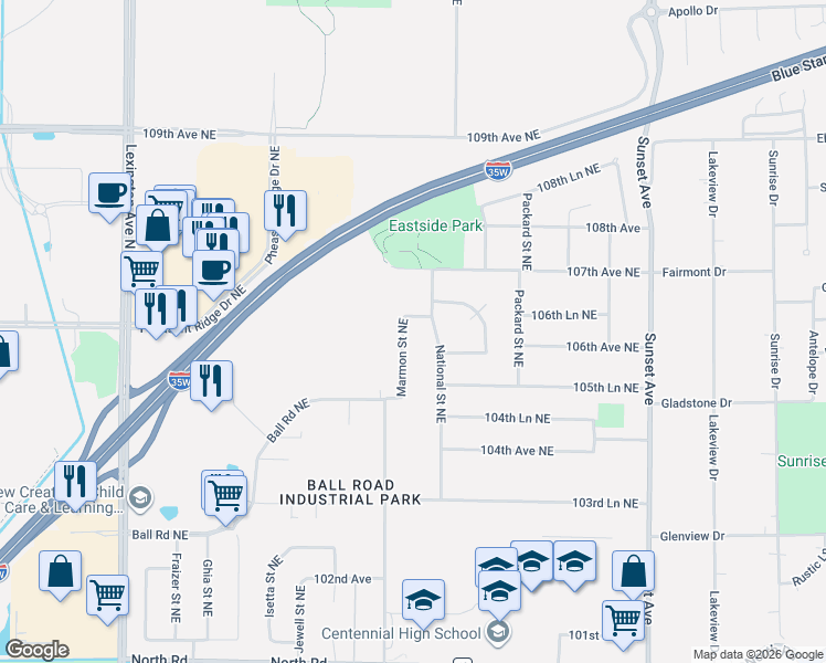 map of restaurants, bars, coffee shops, grocery stores, and more near 10612 National Street Northeast in Circle Pines