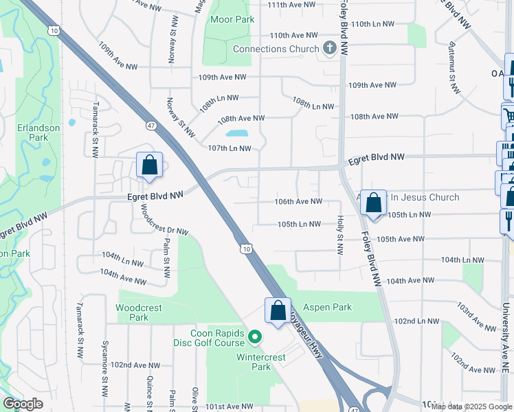 map of restaurants, bars, coffee shops, grocery stores, and more near 10590 Kumquat Street Northwest in Minneapolis