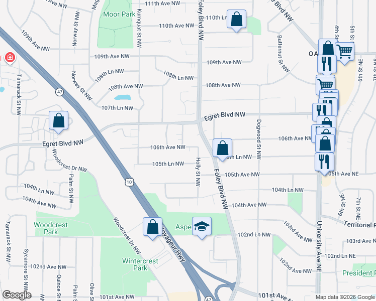 map of restaurants, bars, coffee shops, grocery stores, and more near 416 106th Avenue Northwest in Minneapolis