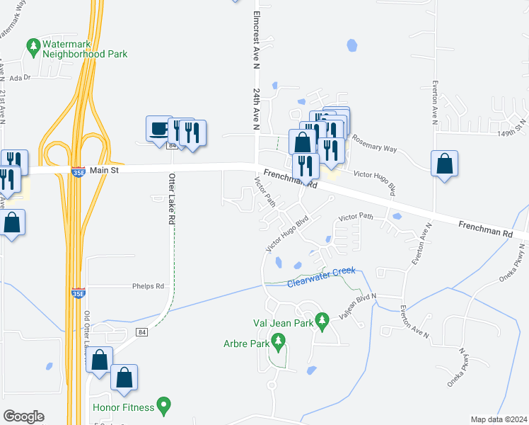 map of restaurants, bars, coffee shops, grocery stores, and more near 4333 Victor Path in Hugo