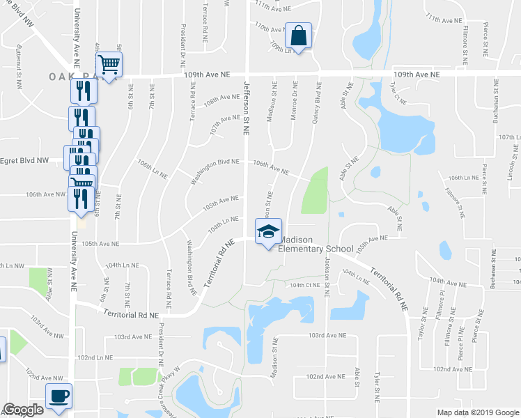 map of restaurants, bars, coffee shops, grocery stores, and more near 10522 Madison Street Northeast in Minneapolis