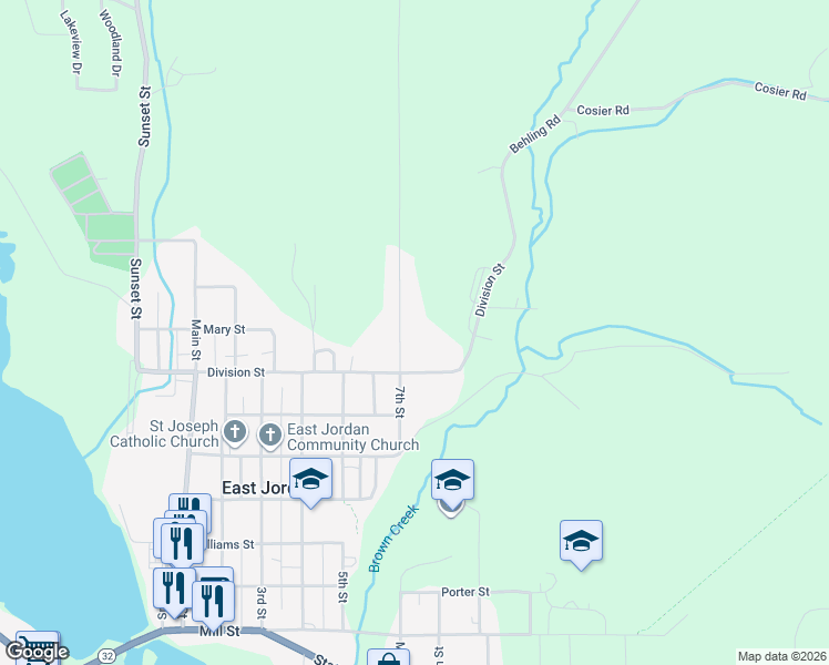 map of restaurants, bars, coffee shops, grocery stores, and more near 754-810 7th Street in East Jordan