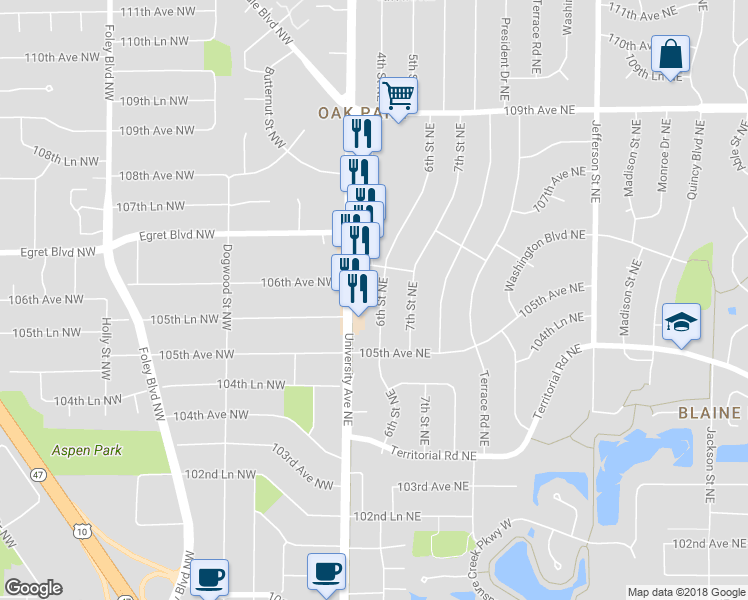 map of restaurants, bars, coffee shops, grocery stores, and more near 10548 6th Street Northeast in Blaine