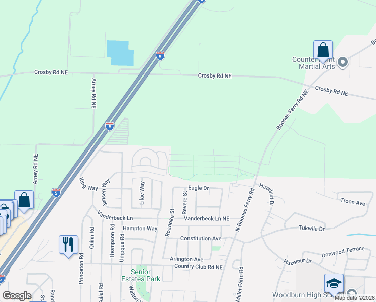 map of restaurants, bars, coffee shops, grocery stores, and more near 26 Bly Loop in Woodburn