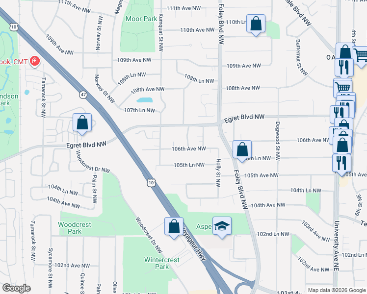 map of restaurants, bars, coffee shops, grocery stores, and more near 524 106th Avenue Northwest in Minneapolis