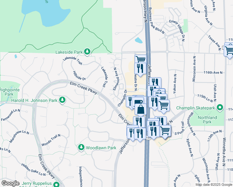 map of restaurants, bars, coffee shops, grocery stores, and more near 11409 Elmwood Avenue North in Champlin