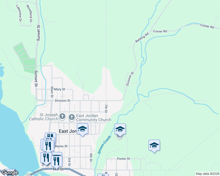 map of restaurants, bars, coffee shops, grocery stores, and more near 754-810 7th Street in East Jordan