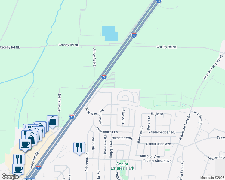 map of restaurants, bars, coffee shops, grocery stores, and more near 2425 Umpqua Road in Woodburn