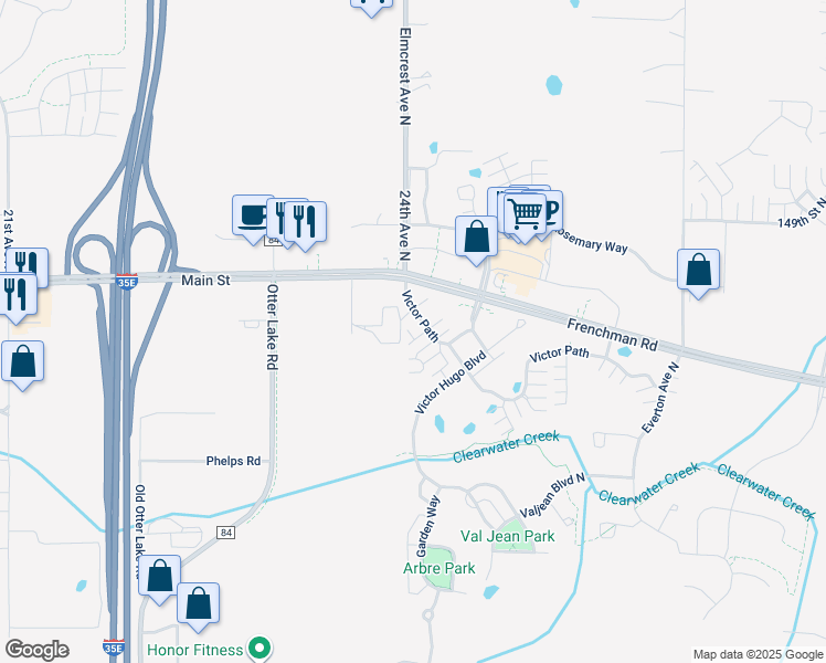 map of restaurants, bars, coffee shops, grocery stores, and more near 4353 Victor Path in Hugo