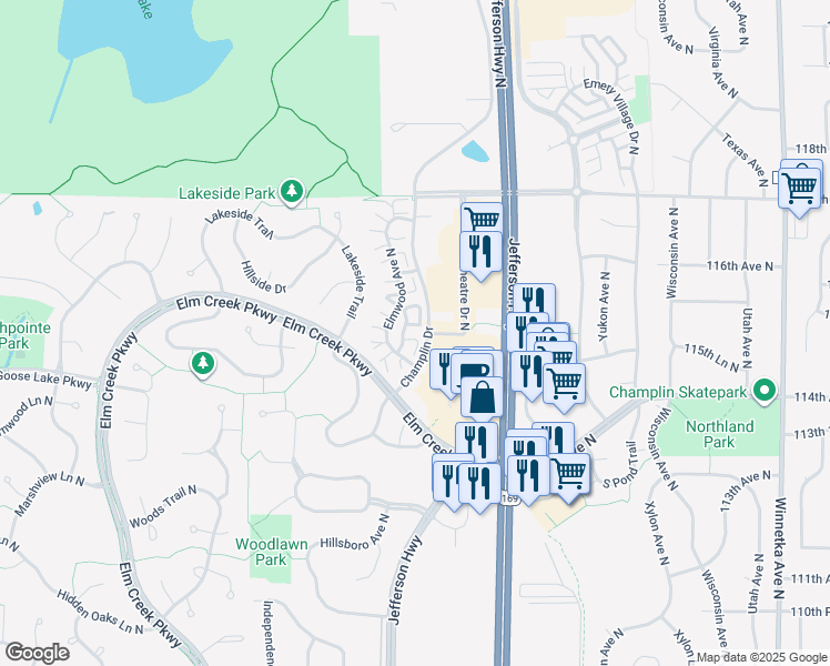 map of restaurants, bars, coffee shops, grocery stores, and more near 11442 Elmwood Avenue North in Champlin