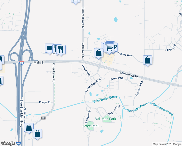 map of restaurants, bars, coffee shops, grocery stores, and more near 4353 Victor Path in Hugo