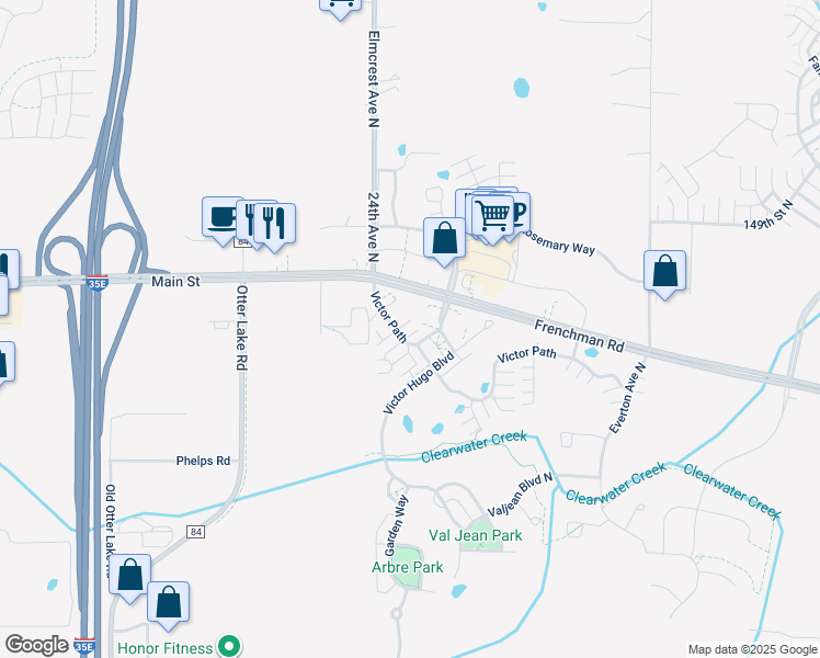 map of restaurants, bars, coffee shops, grocery stores, and more near 4352 Victor Path in Hugo