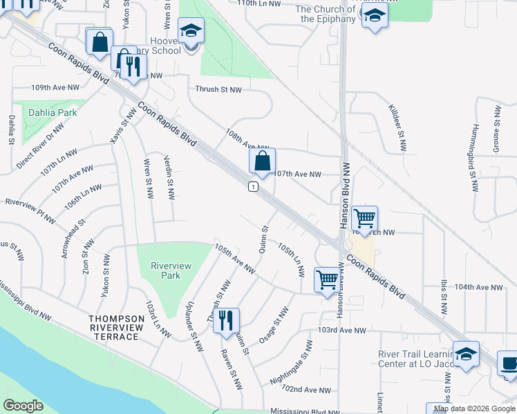 map of restaurants, bars, coffee shops, grocery stores, and more near 2190 Coon Rapids Boulevard in Coon Rapids