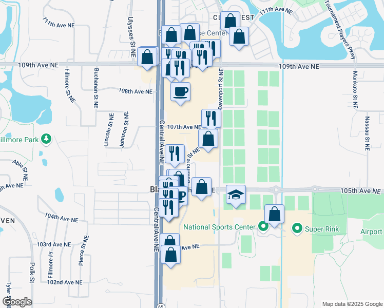 map of restaurants, bars, coffee shops, grocery stores, and more near 10650 Baltimore Street Northeast in Blaine