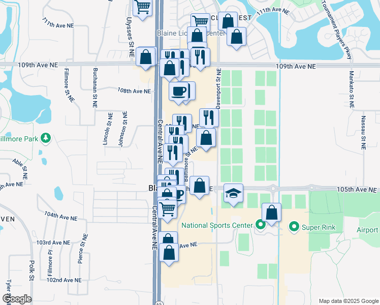map of restaurants, bars, coffee shops, grocery stores, and more near 10650 Baltimore Street Northeast in Blaine