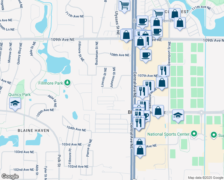 map of restaurants, bars, coffee shops, grocery stores, and more near 1266 106th Lane Northeast in Blaine