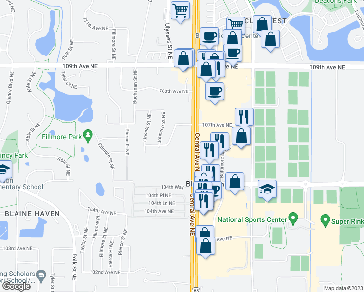 map of restaurants, bars, coffee shops, grocery stores, and more near 10600 Minnesota 65 in Blaine