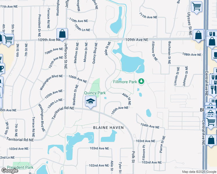 map of restaurants, bars, coffee shops, grocery stores, and more near 10665 Able Street Northeast in Blaine