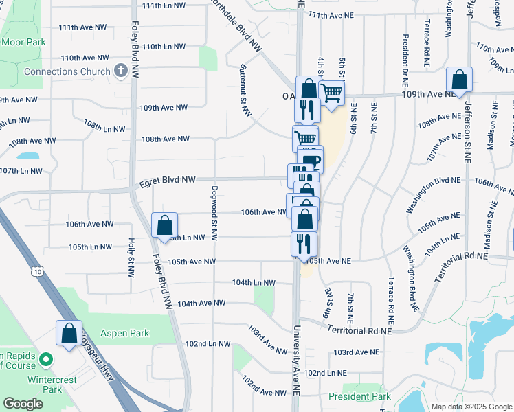 map of restaurants, bars, coffee shops, grocery stores, and more near 59 106th Avenue Northeast in Minneapolis