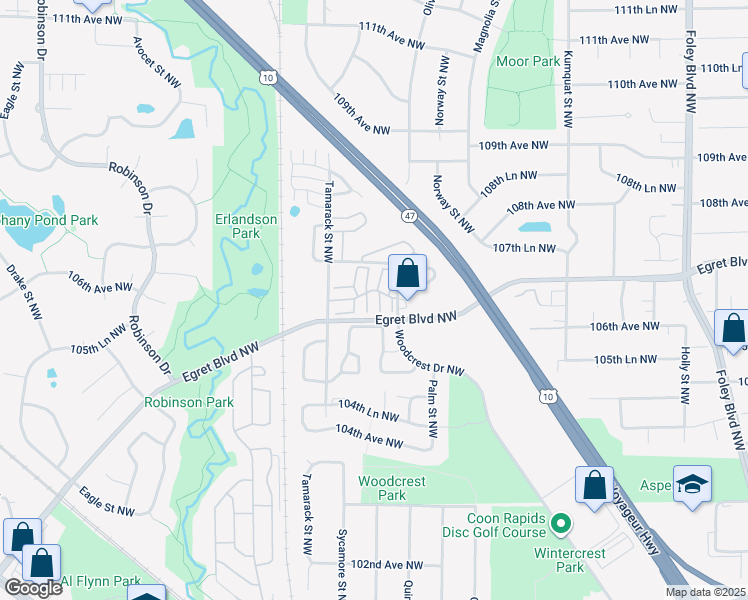 map of restaurants, bars, coffee shops, grocery stores, and more near 905 106th Lane Northwest in Coon Rapids