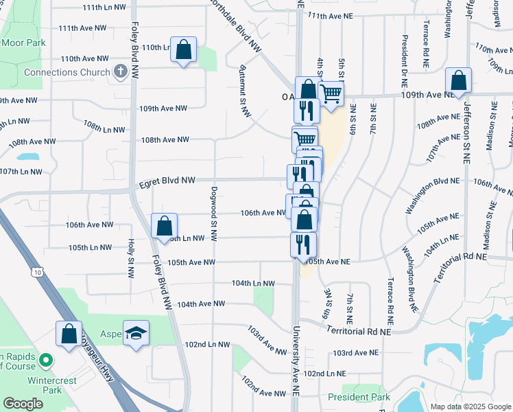 map of restaurants, bars, coffee shops, grocery stores, and more near 59 106th Avenue Northeast in Minneapolis