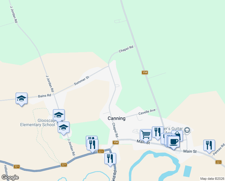 map of restaurants, bars, coffee shops, grocery stores, and more near 1093 Chapel Road in Canning