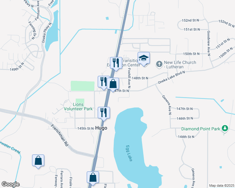 map of restaurants, bars, coffee shops, grocery stores, and more near 5697 147th Street North in Hugo