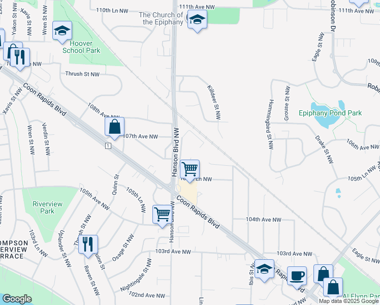 map of restaurants, bars, coffee shops, grocery stores, and more near 10586 Martin Street Northwest in Coon Rapids