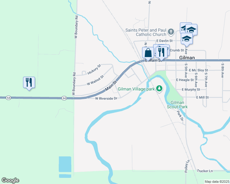 map of restaurants, bars, coffee shops, grocery stores, and more near 120 South Well Street in Gilman