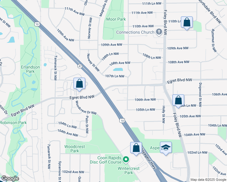 map of restaurants, bars, coffee shops, grocery stores, and more near 665 106th Lane Northwest in Minneapolis