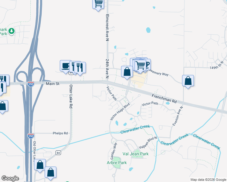 map of restaurants, bars, coffee shops, grocery stores, and more near 4322 Victor Path in Hugo