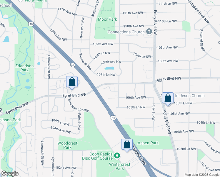 map of restaurants, bars, coffee shops, grocery stores, and more near 665 106th Lane Northwest in Minneapolis