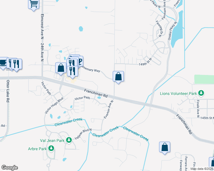 map of restaurants, bars, coffee shops, grocery stores, and more near 14688 Everton Avenue North in Hugo