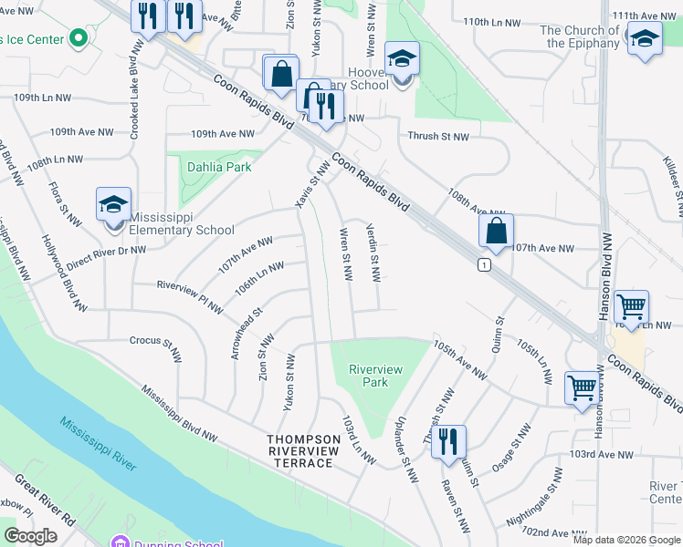 map of restaurants, bars, coffee shops, grocery stores, and more near 10640 Wren Street Northwest in Coon Rapids