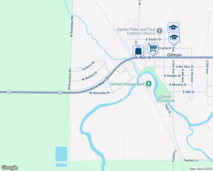 map of restaurants, bars, coffee shops, grocery stores, and more near 120 South Well Street in Gilman