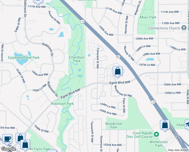 map of restaurants, bars, coffee shops, grocery stores, and more near 10650 Tamarack Street Northwest in Minneapolis