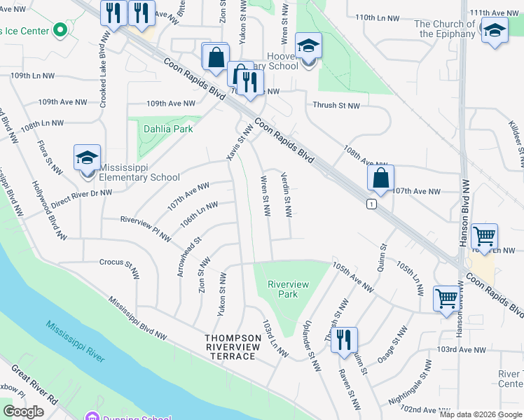 map of restaurants, bars, coffee shops, grocery stores, and more near 10640 Wren Street Northwest in Coon Rapids