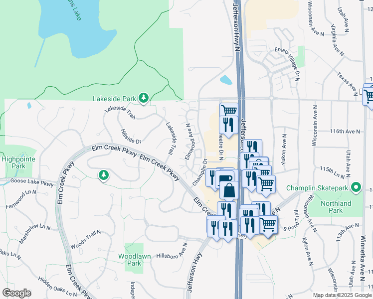 map of restaurants, bars, coffee shops, grocery stores, and more near 11483 Elmwood Avenue North in Champlin