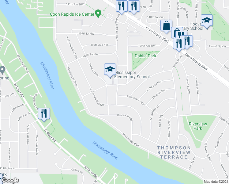map of restaurants, bars, coffee shops, grocery stores, and more near 10564 Crooked Lake Boulevard Northwest in Coon Rapids
