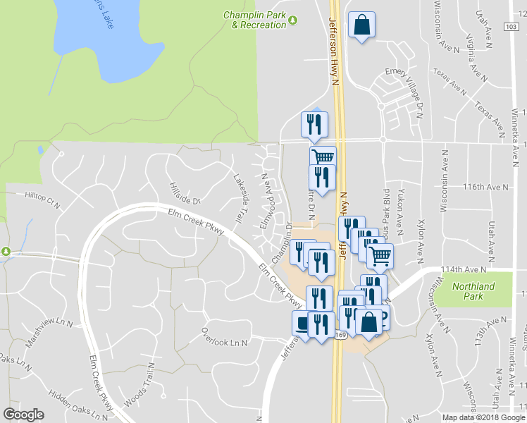 map of restaurants, bars, coffee shops, grocery stores, and more near 11483 Elmwood Avenue North in Champlin