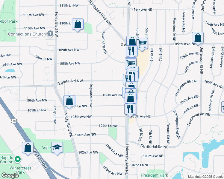 map of restaurants, bars, coffee shops, grocery stores, and more near 59 106th Avenue Northeast in Minneapolis