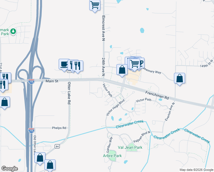map of restaurants, bars, coffee shops, grocery stores, and more near 4322 Victor Path in Hugo