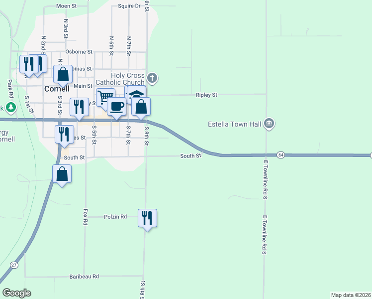 map of restaurants, bars, coffee shops, grocery stores, and more near 1013 Bridge Street in Cornell