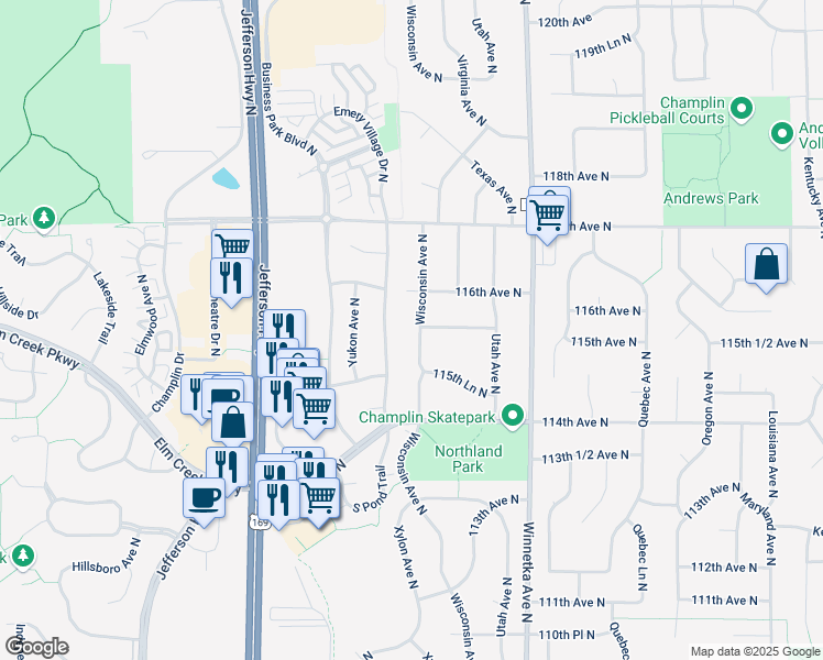 map of restaurants, bars, coffee shops, grocery stores, and more near 11517 Wisconsin Avenue North in Champlin